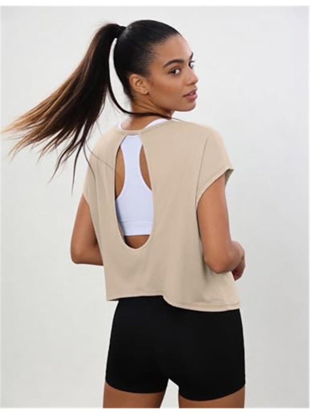 Beige Open Back Cropped Workout Top Oversized Yoga Gym Tee - Picture 2 of 6